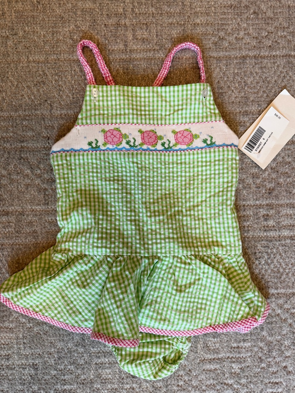 NWT Vive La Fete girls smocked turtle adjustable swimsuit size 6